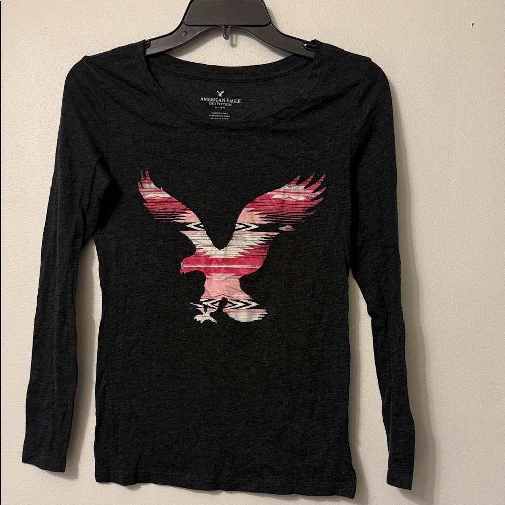 American Eagle Outfitters Black Long Sleeve with Pink Eagle Graphic
